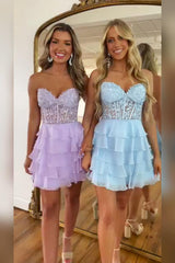 Dreamyannie Royal Blue Corset Homecoming Dresses Strapless A Line Short Cocktail Dresses With Ruffles