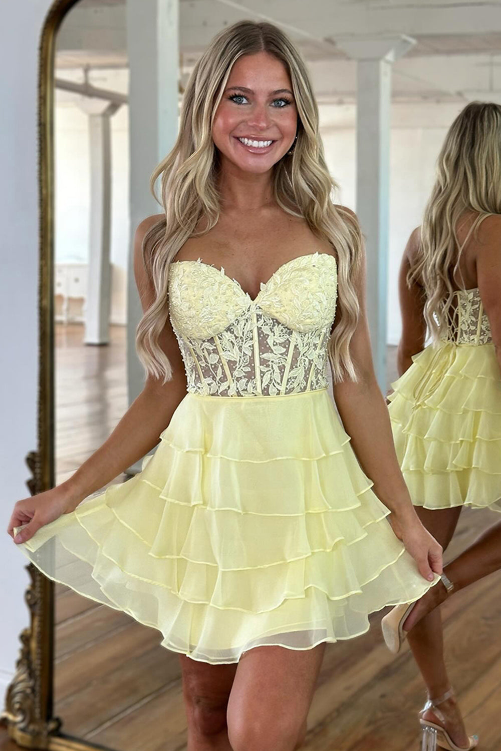 Dreamyannie Royal Blue Corset Homecoming Dresses Strapless A Line Short Cocktail Dresses With Ruffles
