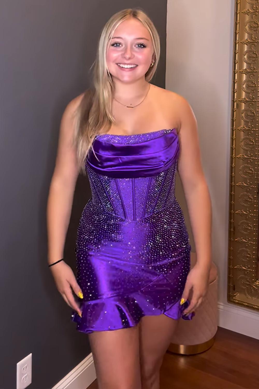 Dreamyannie Royal Blue Homecoming Dresses Corset Ruffled Beaded Short Tight Cocktail Dresses