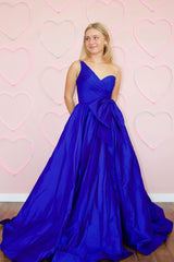 Dreamyannie Royal Blue Prom Dress A-Line One Shoulder Long Formal Dress With Slit