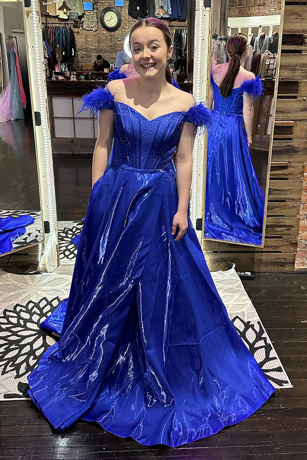 Dreamyannie Royal Blue Prom Dress Corset A Line Long Formal Dress With Feathers
