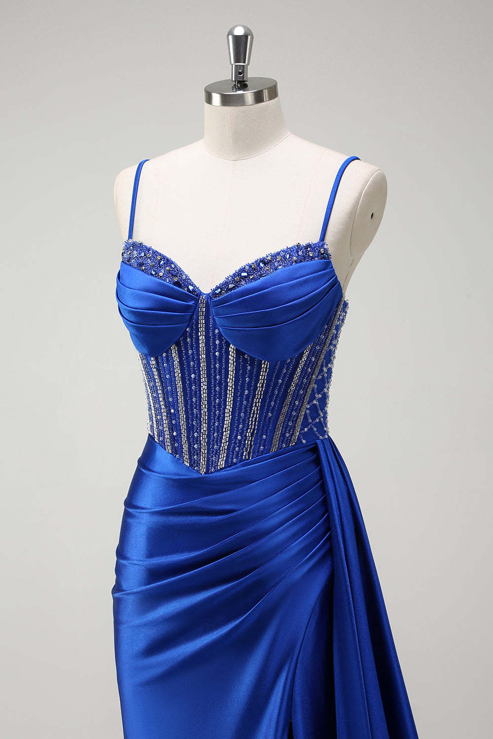 Dreamyannie Royal Blue Prom Dress Corset Beaded Side Cape Long Formal Dress With Slit