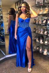 Dreamyannie Royal Blue Prom Dress Corset Beaded Side Cape Long Formal Dress With Slit