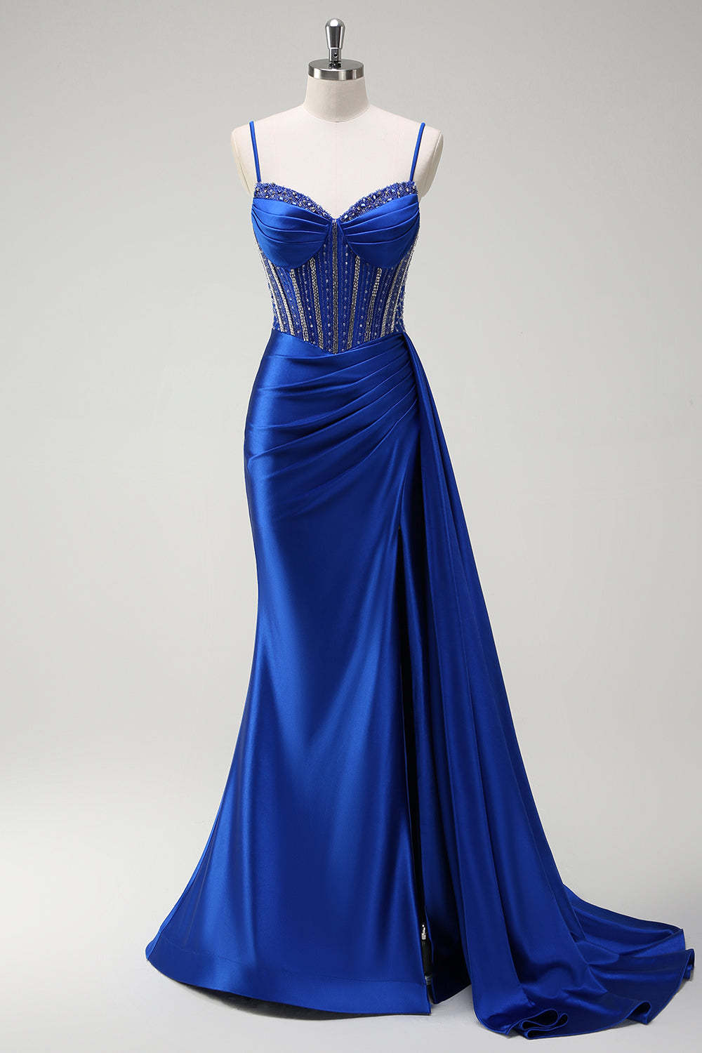 Dreamyannie Royal Blue Prom Dress Corset Beaded Side Cape Long Formal Dress With Slit