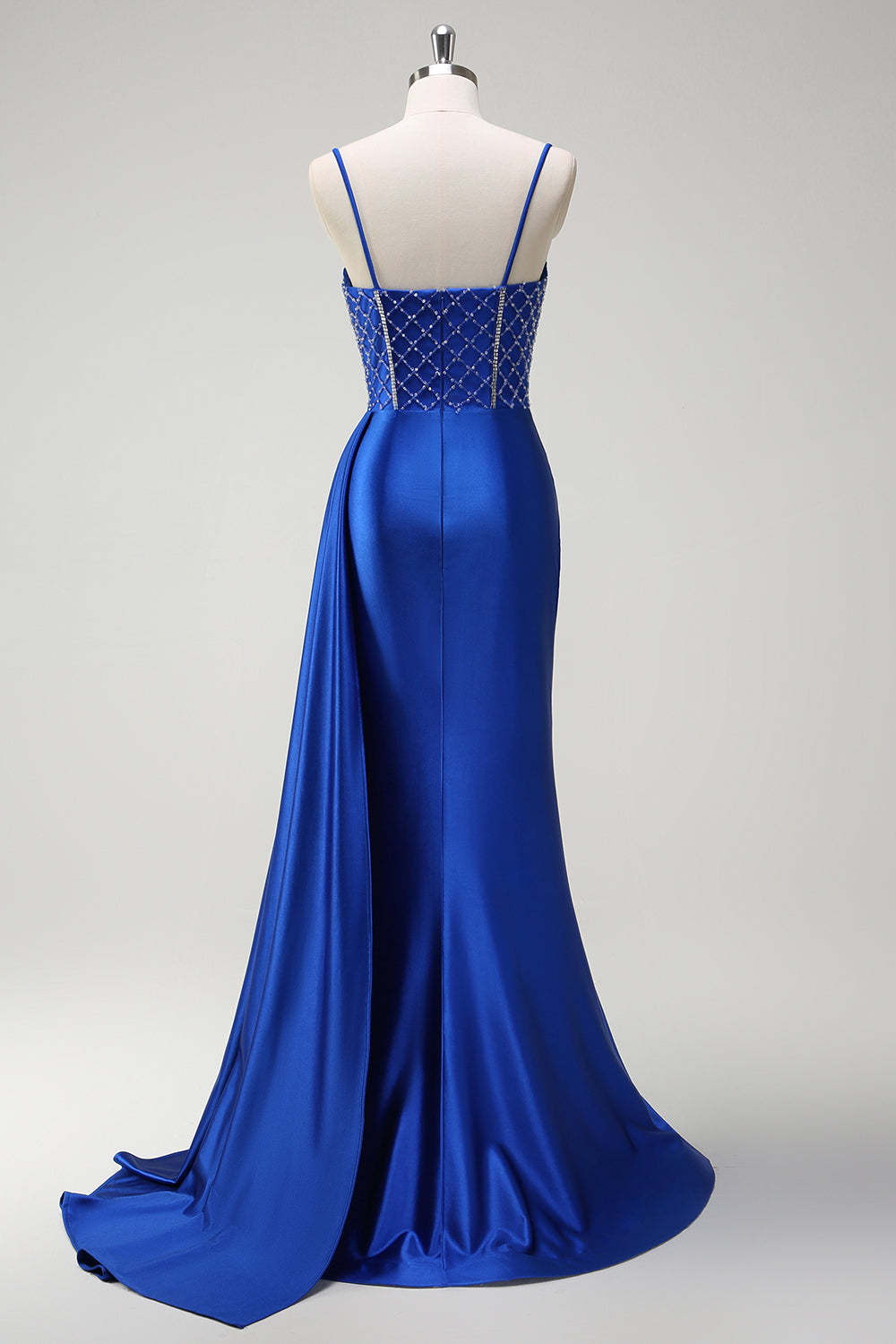 Dreamyannie Royal Blue Prom Dress Corset Beaded Side Cape Long Formal Dress With Slit