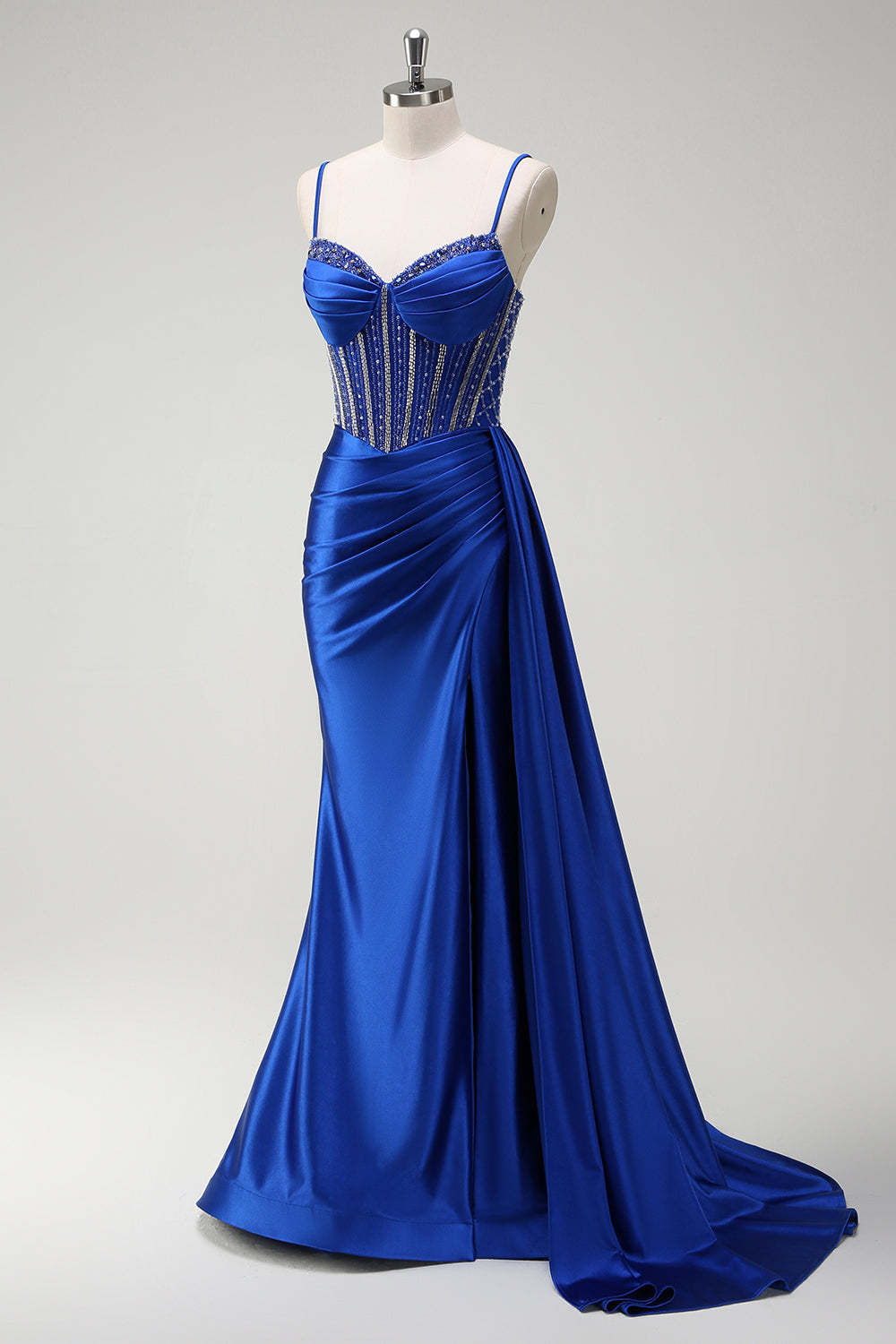 Dreamyannie Royal Blue Prom Dress Corset Beaded Side Cape Long Formal Dress With Slit