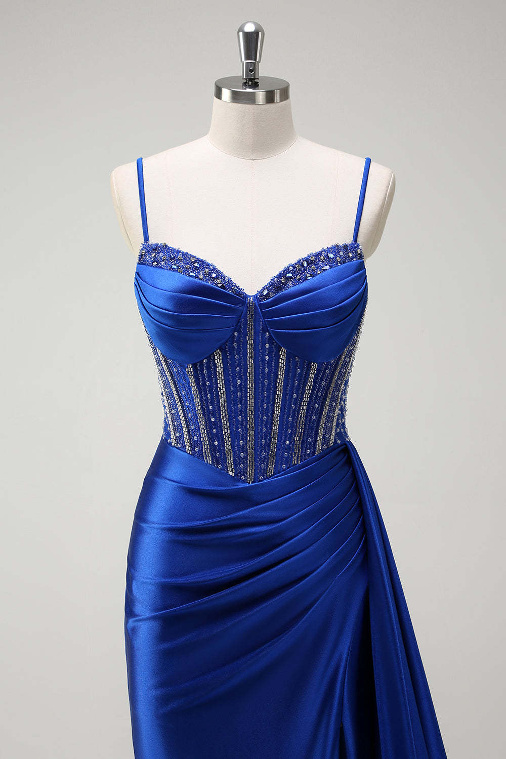 Dreamyannie Royal Blue Prom Dress Corset Beaded Side Cape Long Formal Dress With Slit