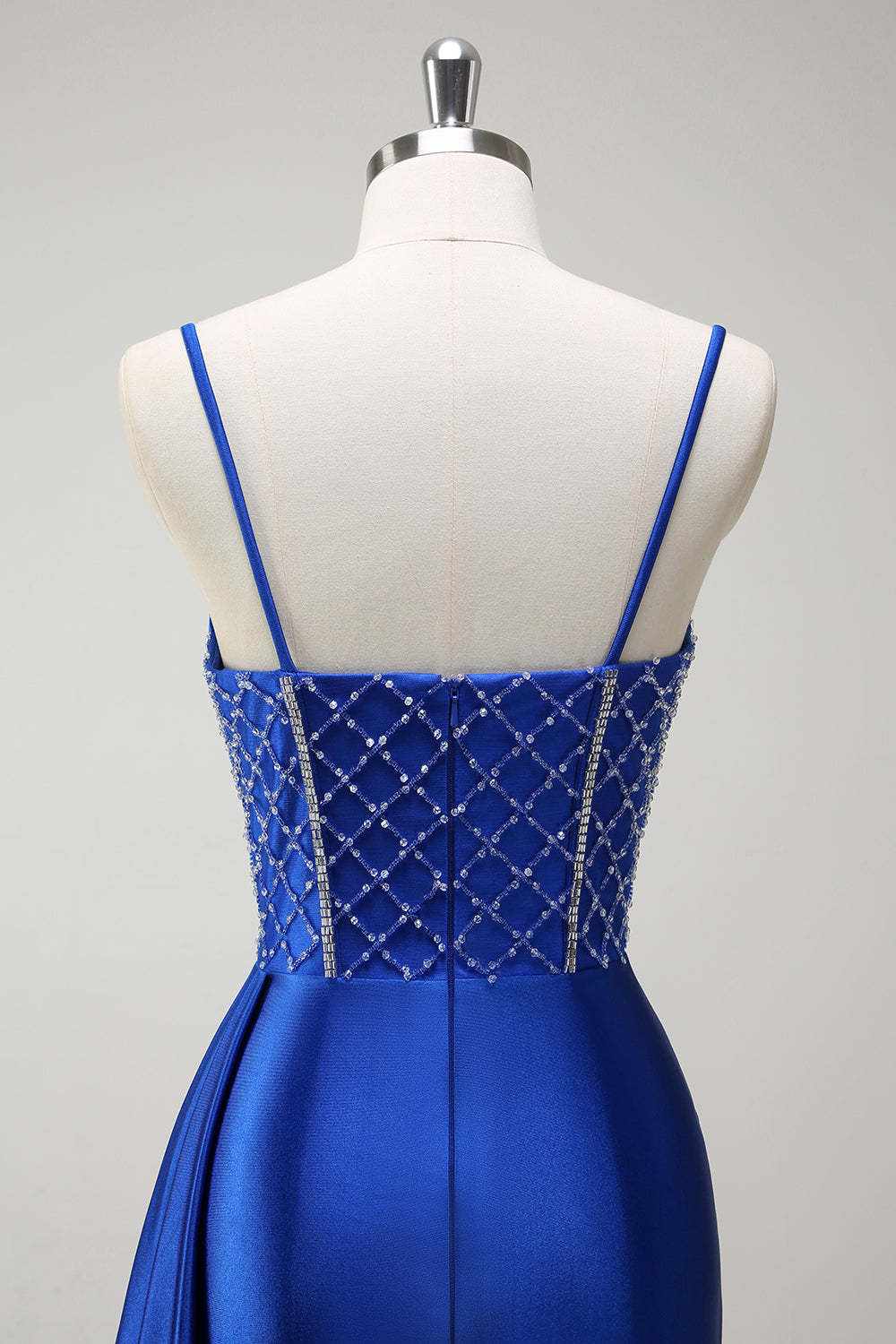 Dreamyannie Royal Blue Prom Dress Corset Beaded Side Cape Long Formal Dress With Slit
