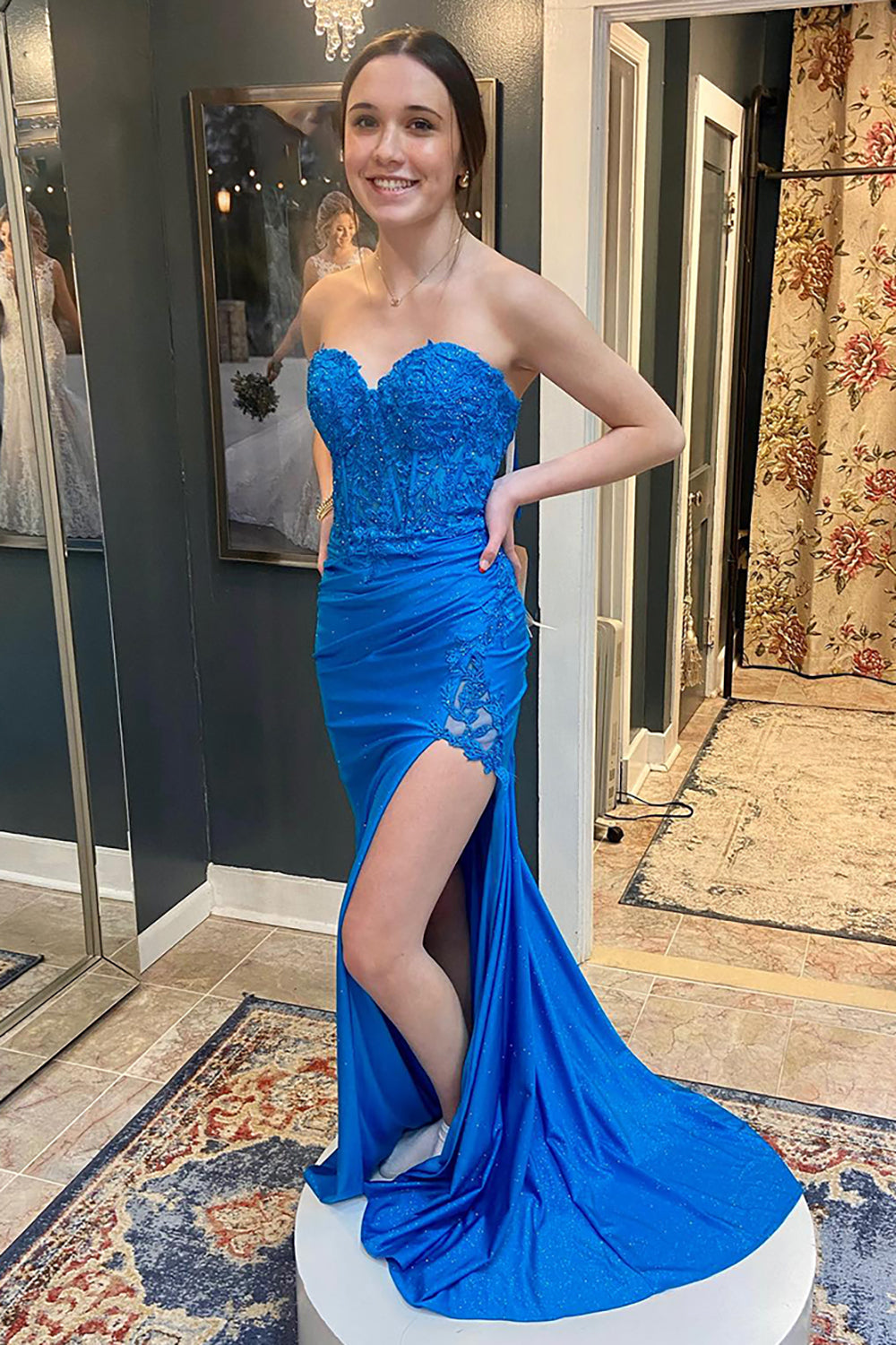 Dreamyannie Royal Blue Prom Dress Floral Mermaid Sweetheart Long Formal Dress With Slit