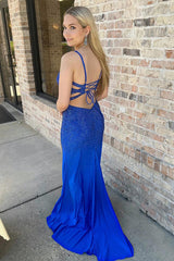 Dreamyannie Royal Blue Prom Dress Long Spaghetti Straps Formal Dress With Slit