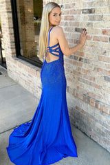 Dreamyannie Royal Blue Prom Dress Long Spaghetti Straps Formal Dress With Slit