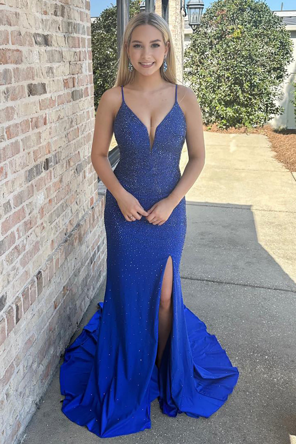 Dreamyannie Royal Blue Prom Dress Long Spaghetti Straps Formal Dress With Slit