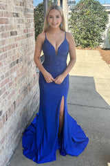 Dreamyannie Royal Blue Prom Dress Long Spaghetti Straps Formal Dress With Slit