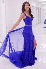Dreamyannie Royal Blue Prom Dress Mermaid Beaded Formal Dress With Slit