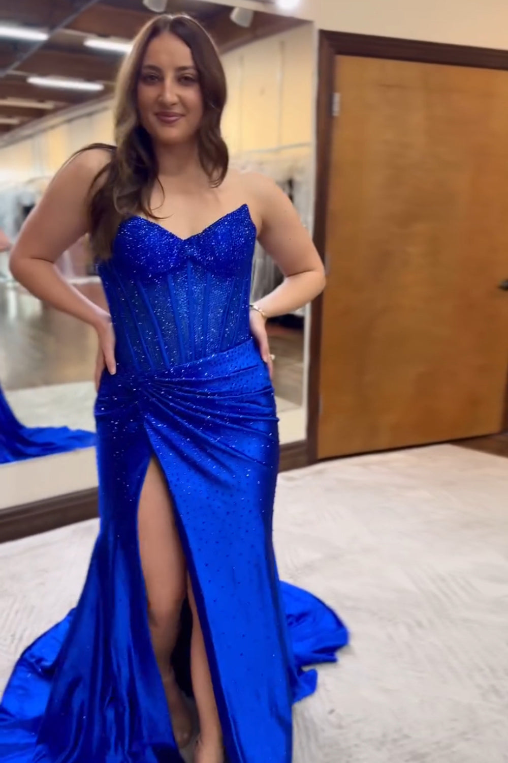 Dreamyannie Royal Blue Prom Dress Mermaid Ruche Long Formal Dress With Slit