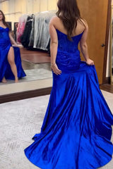 Dreamyannie Royal Blue Prom Dress Mermaid Ruche Long Formal Dress With Slit