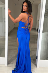 Dreamyannie Royal Blue Prom Dress Mermaid Ruched Spaghetti Straps Long Formal Dress With Slit