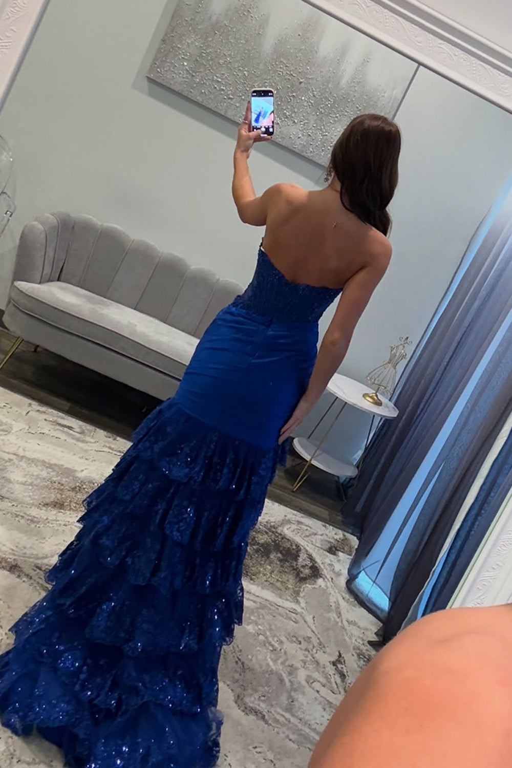 Dreamyannie Royal Blue Prom Dress Mermaid Ruffled Formal Dress With Slit