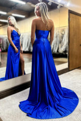 Dreamyannie Royal Blue Prom Dress Mermaid Side Cape Long Formal Dress With Slit