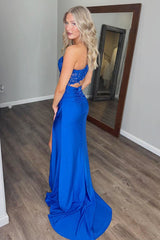 Dreamyannie Royal Blue Prom Dress One Shoulder Lace Formal Dress With Slit