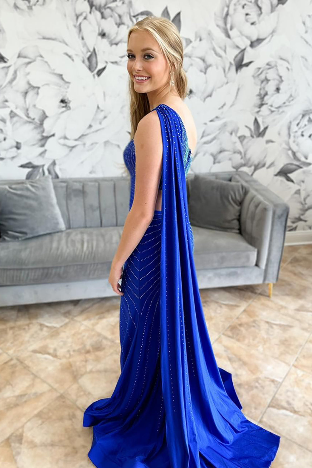 Dreamyannie Royal Blue Prom Dress One Shoulder Long Formal Dress With Slit