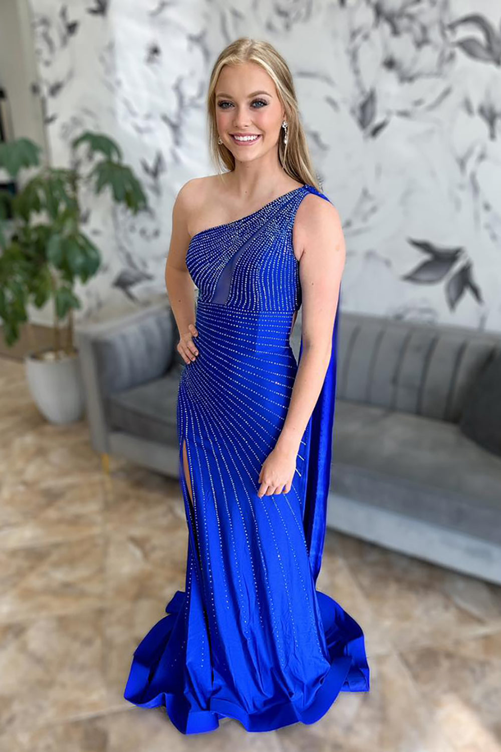 Dreamyannie Royal Blue Prom Dress One Shoulder Long Formal Dress With Slit