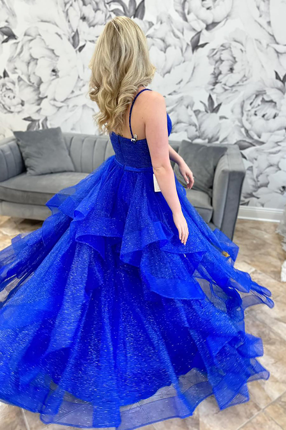 Dreamyannie Royal Blue Prom Dress Ruffled A-Line Long Formal Dress
