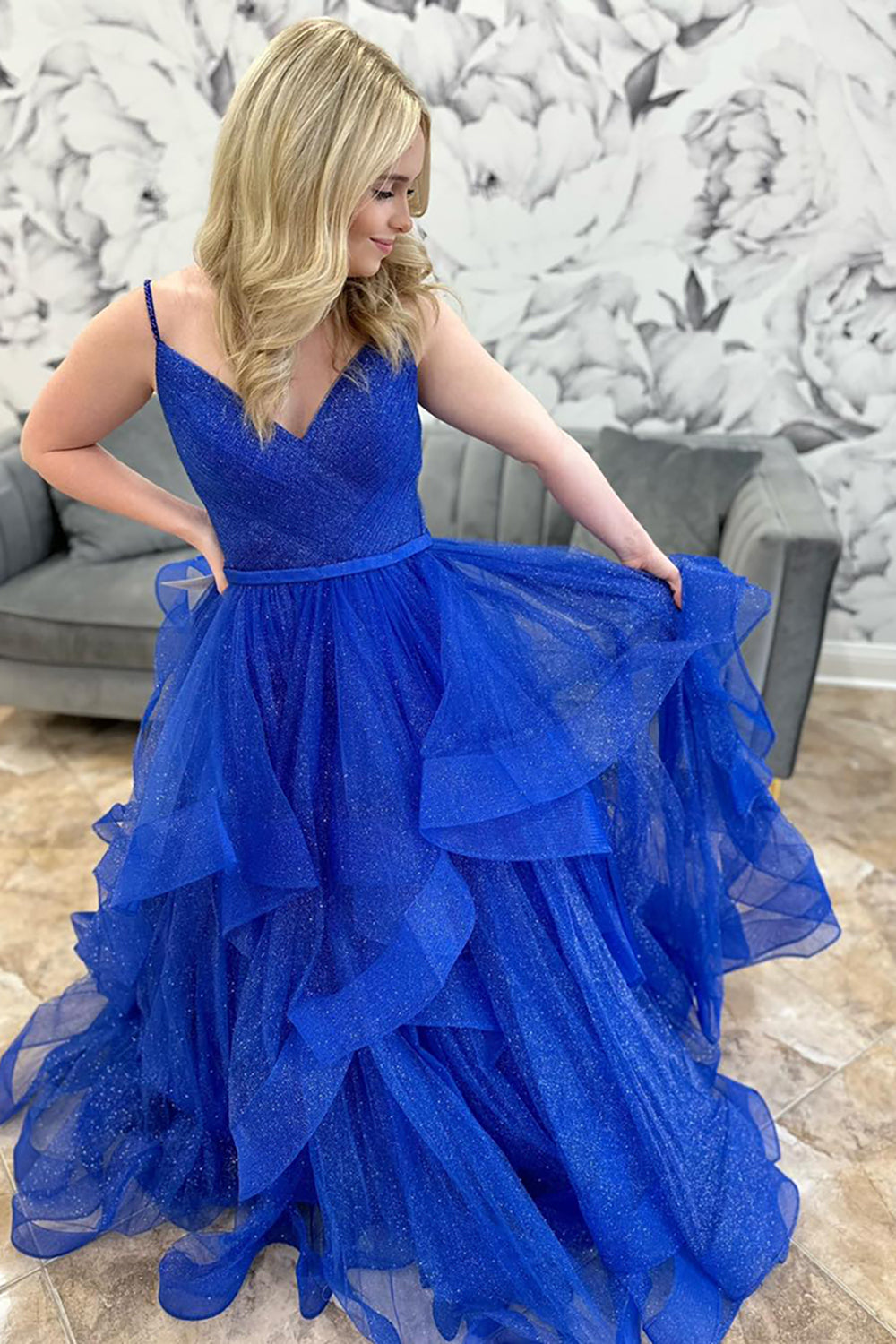 Dreamyannie Royal Blue Prom Dress Ruffled A-Line Long Formal Dress