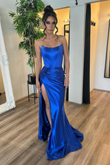 Dreamyannie Royal Blue Prom Dress Satin Corset Long Formal Dress With Slit