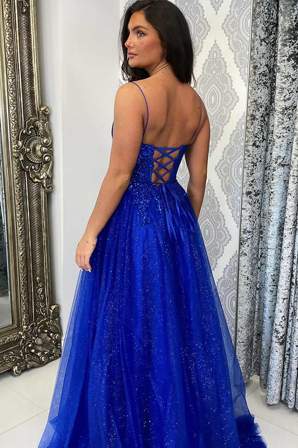 Dreamyannie Royal Blue Prom Dress Sequined A-Line Spaghetti Straps Long Formal Dress With Slit