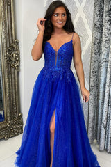 Dreamyannie Royal Blue Prom Dress Sequined A-Line Spaghetti Straps Long Formal Dress With Slit