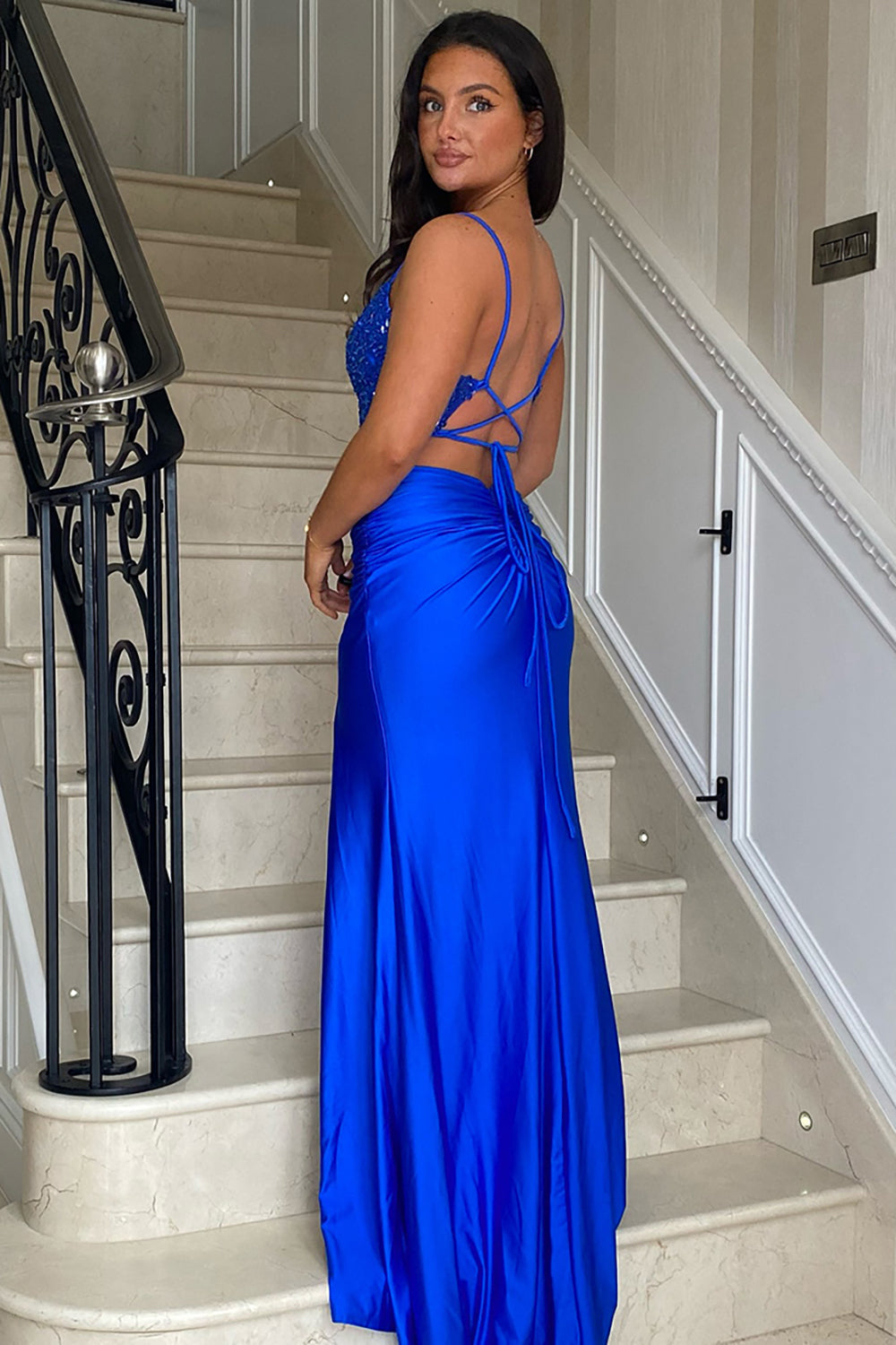 Dreamyannie Royal Blue Prom Dress Sequined Mermaid Ruche Spaghetti Straps Long Formal Dress With Slit