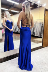 Dreamyannie Royal Blue Prom Dress Sheath Appliqued Formal Dress With Slit