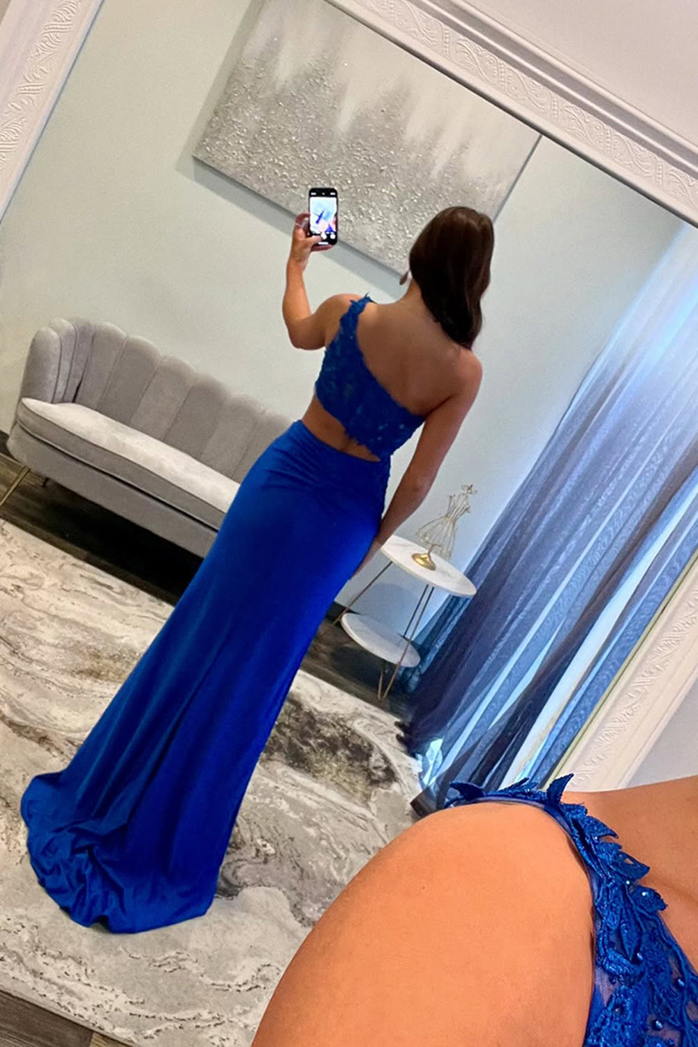 Dreamyannie Royal Blue Prom Dress Sheath One Shoulder Formal Dress With Slit