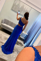 Dreamyannie Royal Blue Prom Dress Sheath One Shoulder Formal Dress With Slit