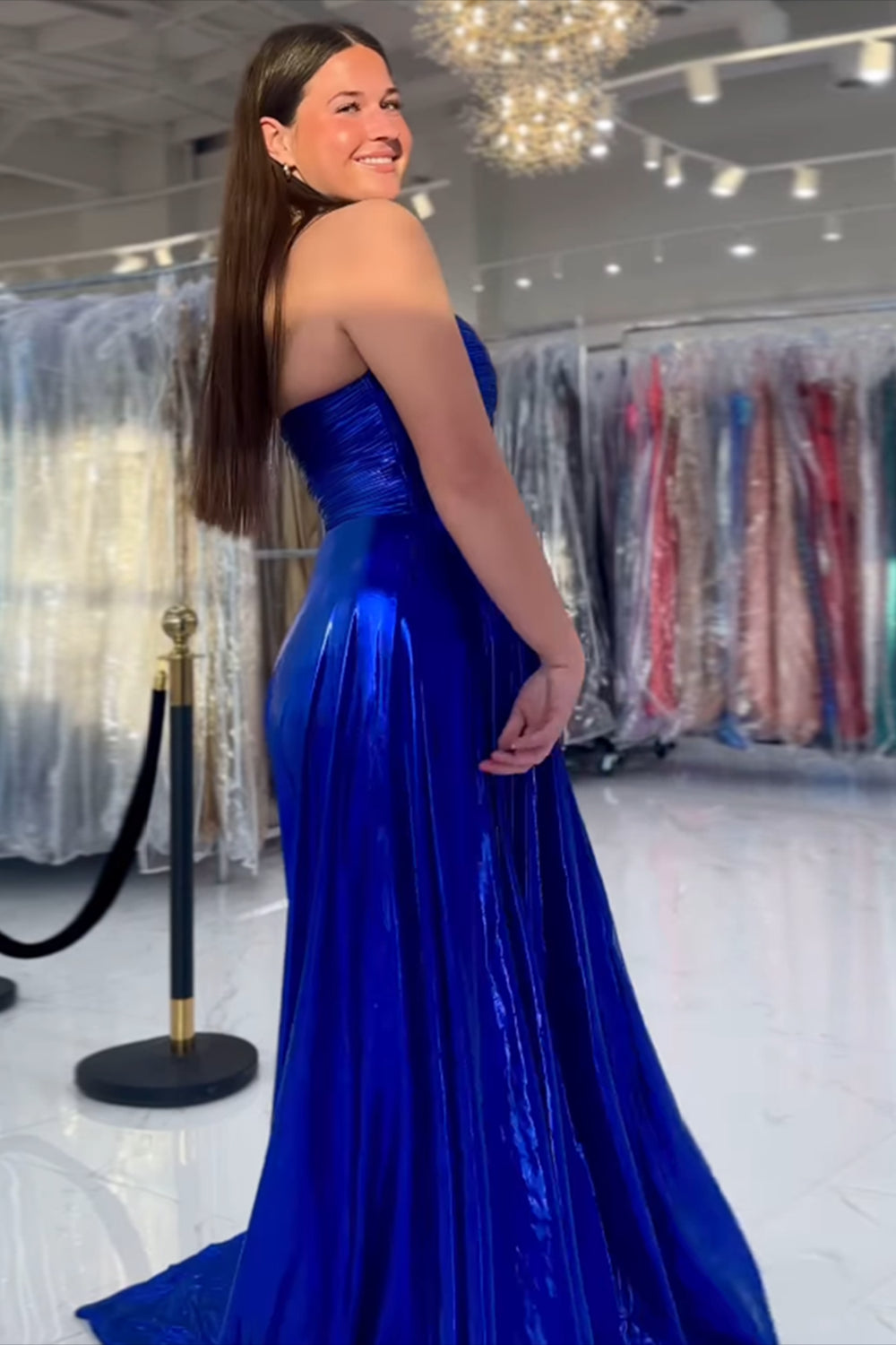 Dreamyannie Royal Blue Prom Dress Sweetheart Metallic Pleated Long Formal Dress With Slit