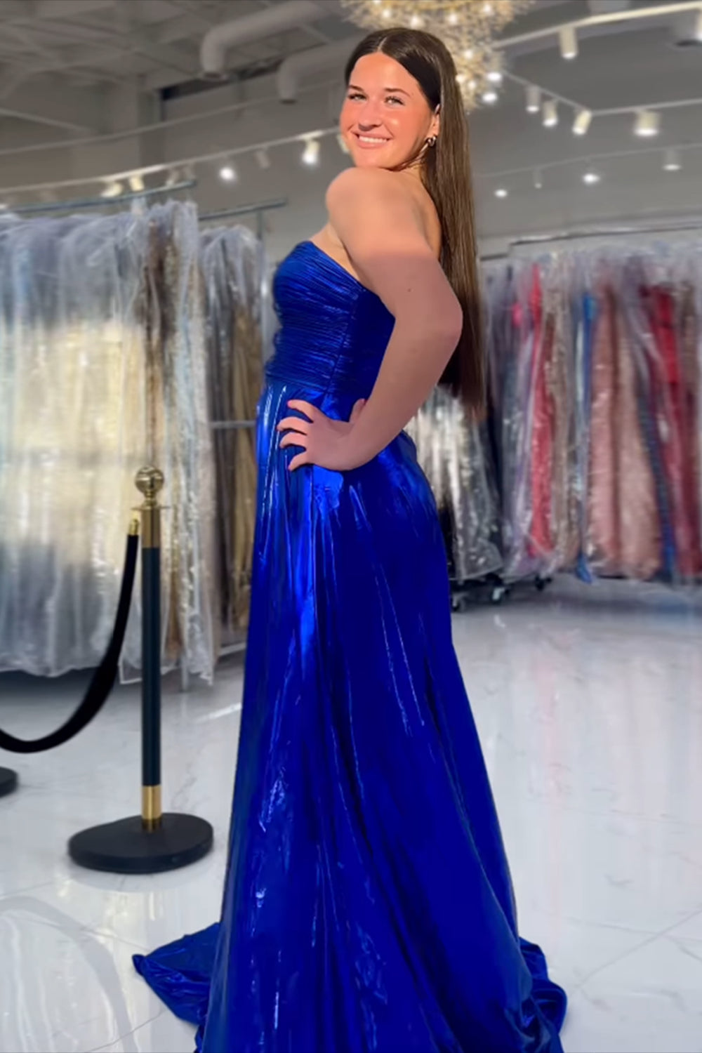 Dreamyannie Royal Blue Prom Dress Sweetheart Metallic Pleated Long Formal Dress With Slit