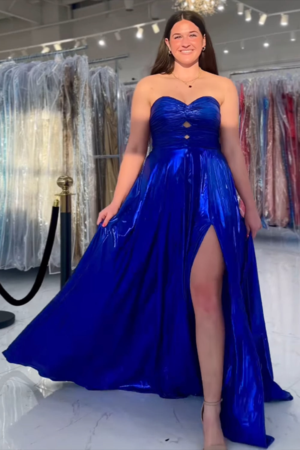 Dreamyannie Royal Blue Prom Dress Sweetheart Metallic Pleated Long Formal Dress With Slit