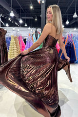 Dreamyannie Royal Blue Prom Dress Sweetheart Metallic Pleated Long Formal Dress With Slit