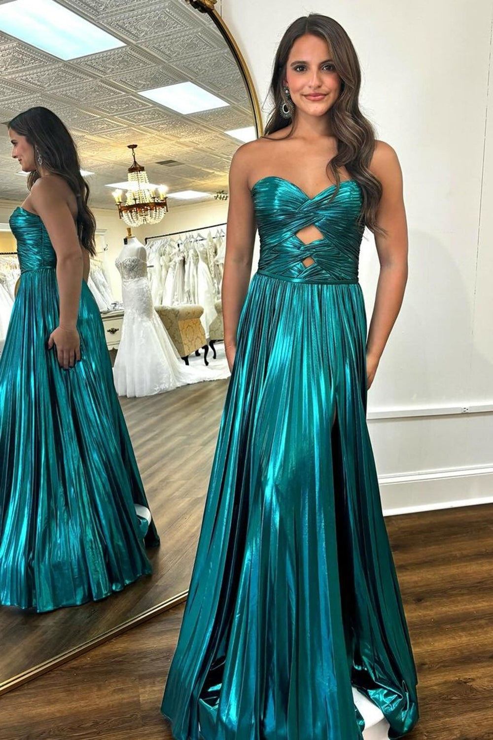 Dreamyannie Royal Blue Prom Dress Sweetheart Metallic Pleated Long Formal Dress With Slit