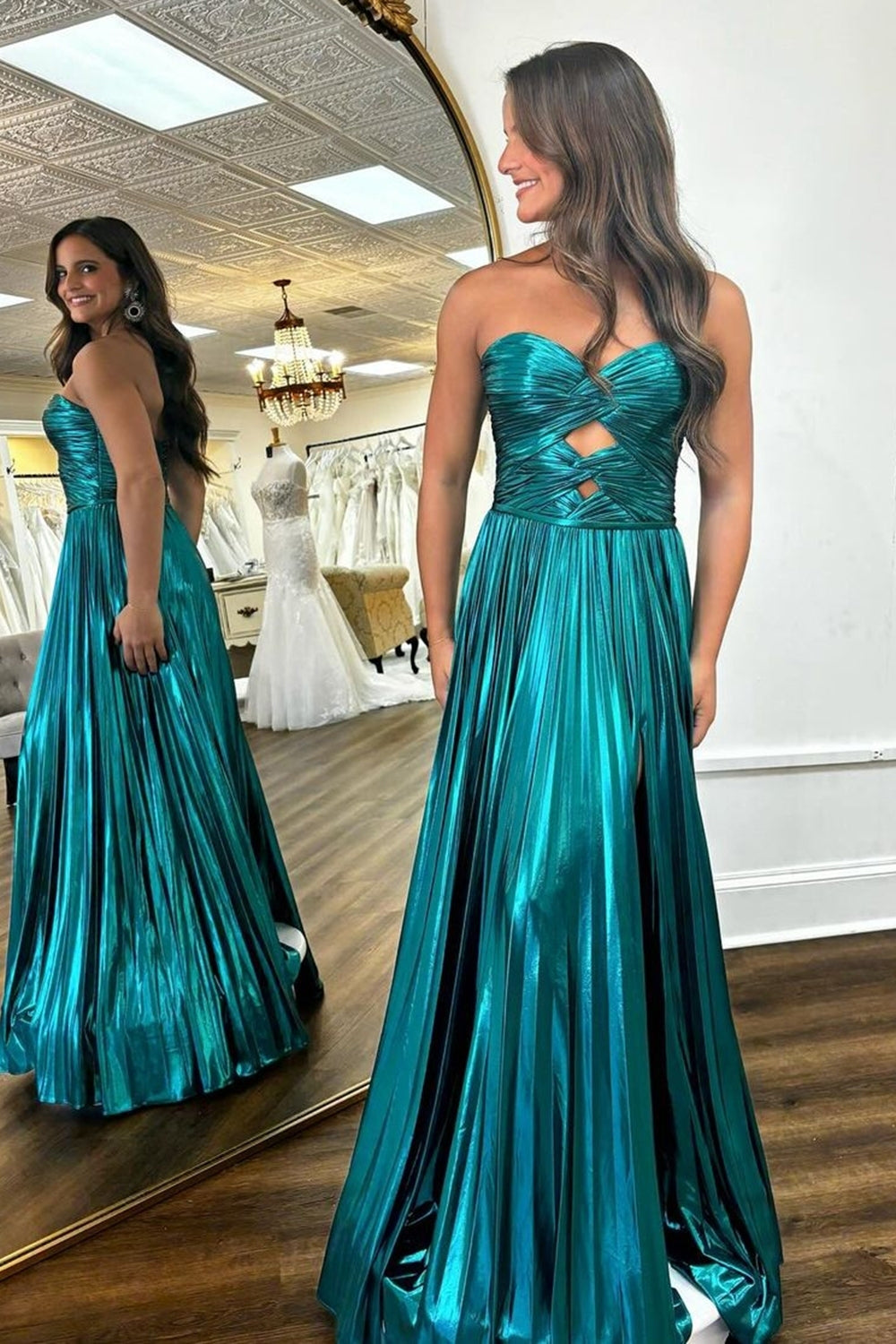 Dreamyannie Royal Blue Prom Dress Sweetheart Metallic Pleated Long Formal Dress With Slit