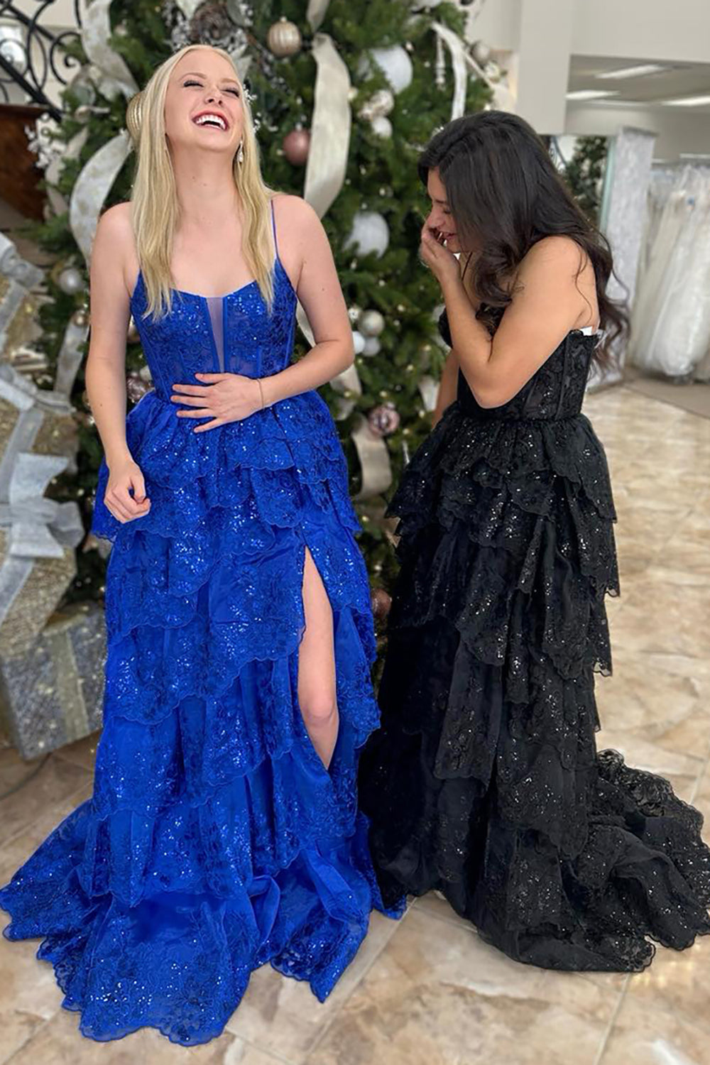 Dreamyannie Royal Blue Prom Dress Tiered A-Line Long Formal Dress With Slit