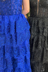 Dreamyannie Royal Blue Prom Dress Tiered A-Line Long Formal Dress With Slit