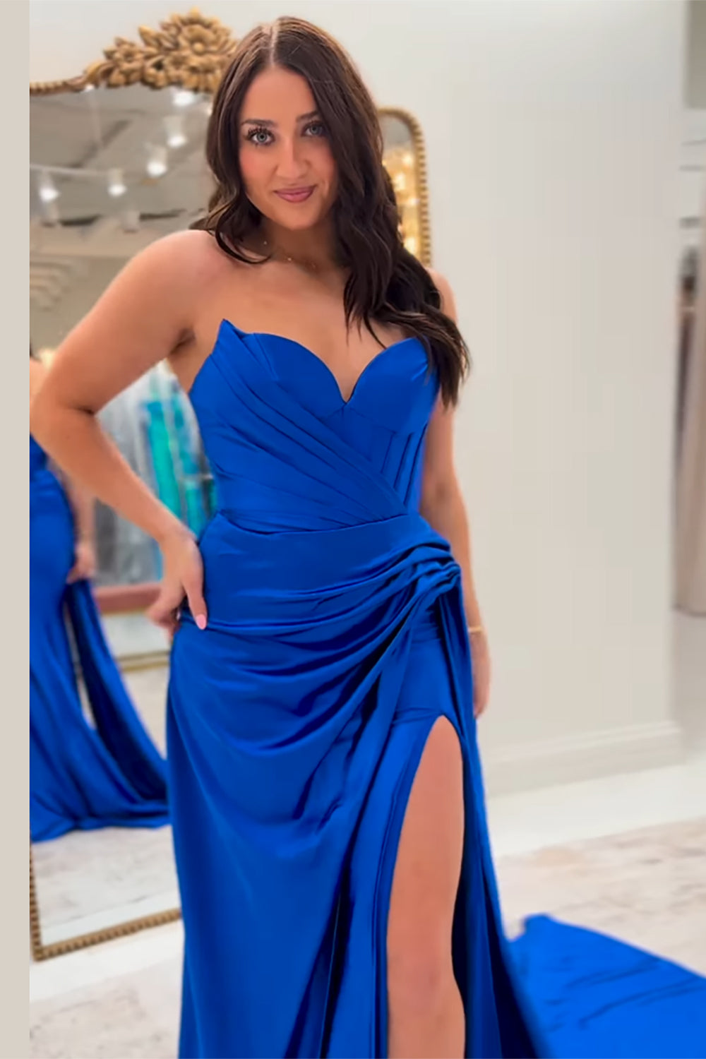 Dreamyannie Ruched Blue Prom Dress Sweetheart Long Formal Dress With Slit