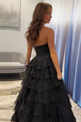 Dreamyannie Ruffled Black Prom Dress A Line Corset Long Formal Dress With Beadings