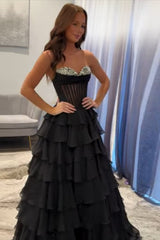 Dreamyannie Ruffled Black Prom Dress A Line Corset Long Formal Dress With Beadings