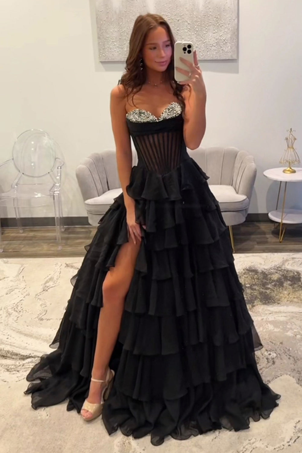 Dreamyannie Ruffled Black Prom Dress A Line Corset Long Formal Dress With Beadings