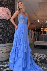 Dreamyannie Ruffled Chiffon Blue Prom Dress Corset Long Formal Dress With Slit