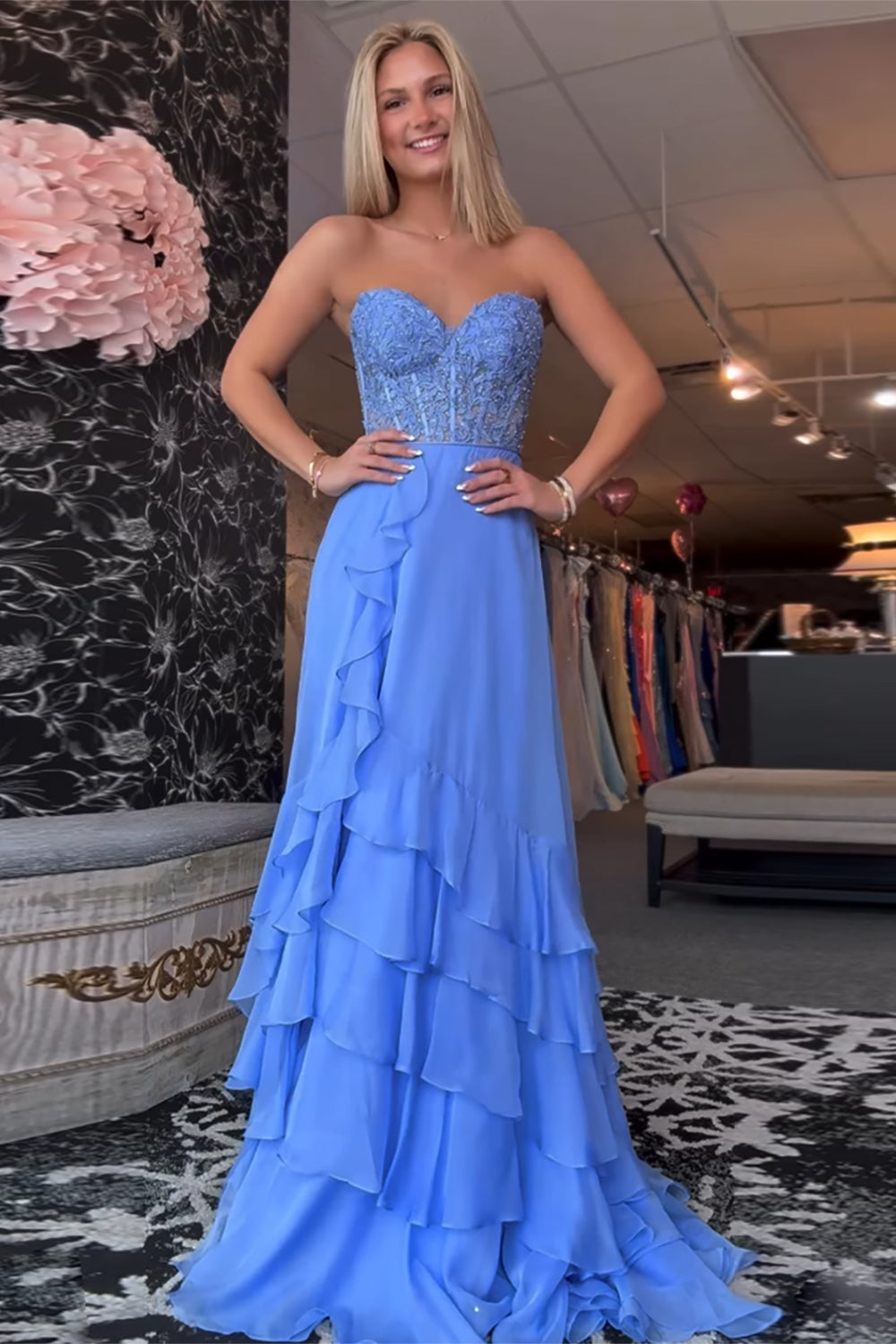 Dreamyannie Ruffled Chiffon Blue Prom Dress Corset Long Formal Dress With Slit