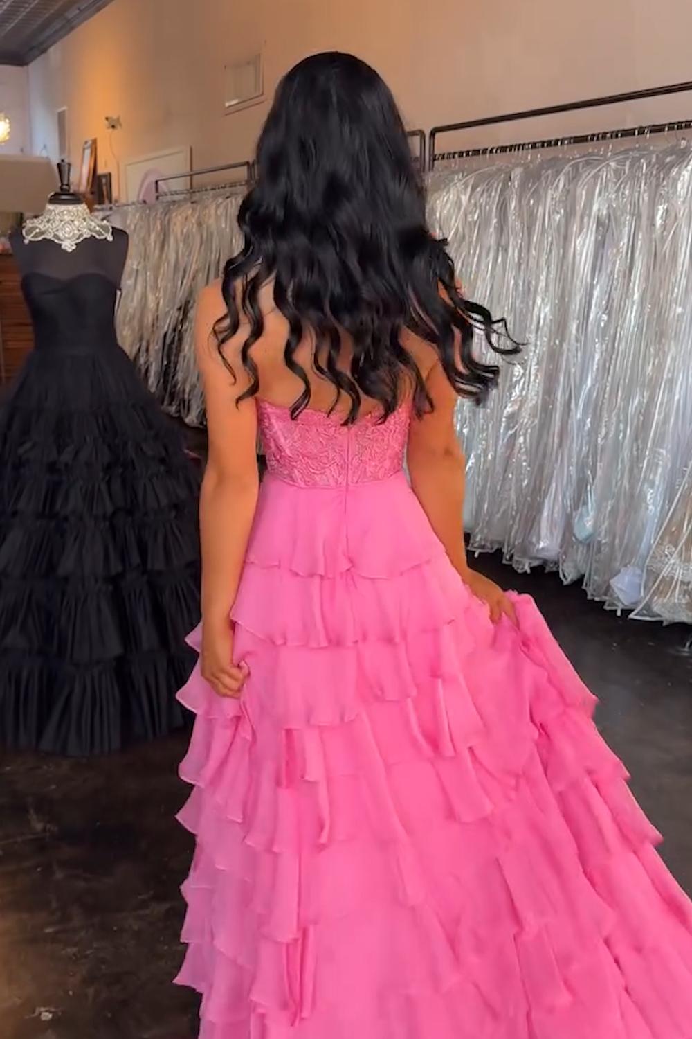 Dreamyannie Ruffled Hot Pink Prom Dress Corset Halter Long Formal Dress With Lace